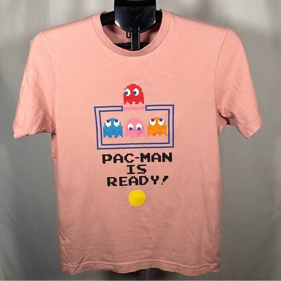 Uniqlo Namco Museum Pac Man is Ready pink graphic tee mens size XS, excellent - Picture 1 of 4